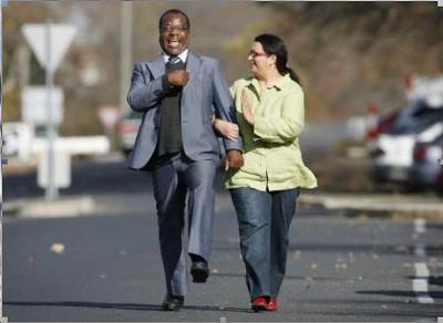 Zimbabwe refugee, barrister Wilbert Mapombere, & Narelle Hibberd, exec officer -Ballarat Migration Project. Photo: Angela Wylie 